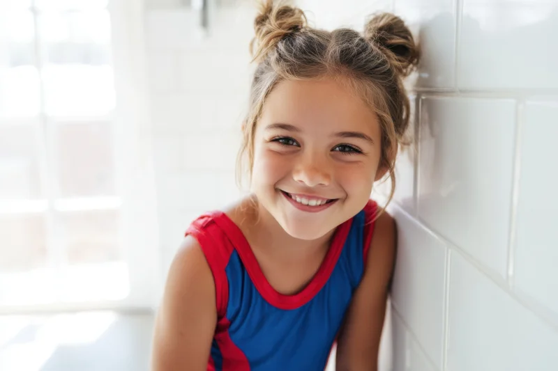 Smiling young girl in blue and red gymnastics leotard leaning against tiled wall indoors