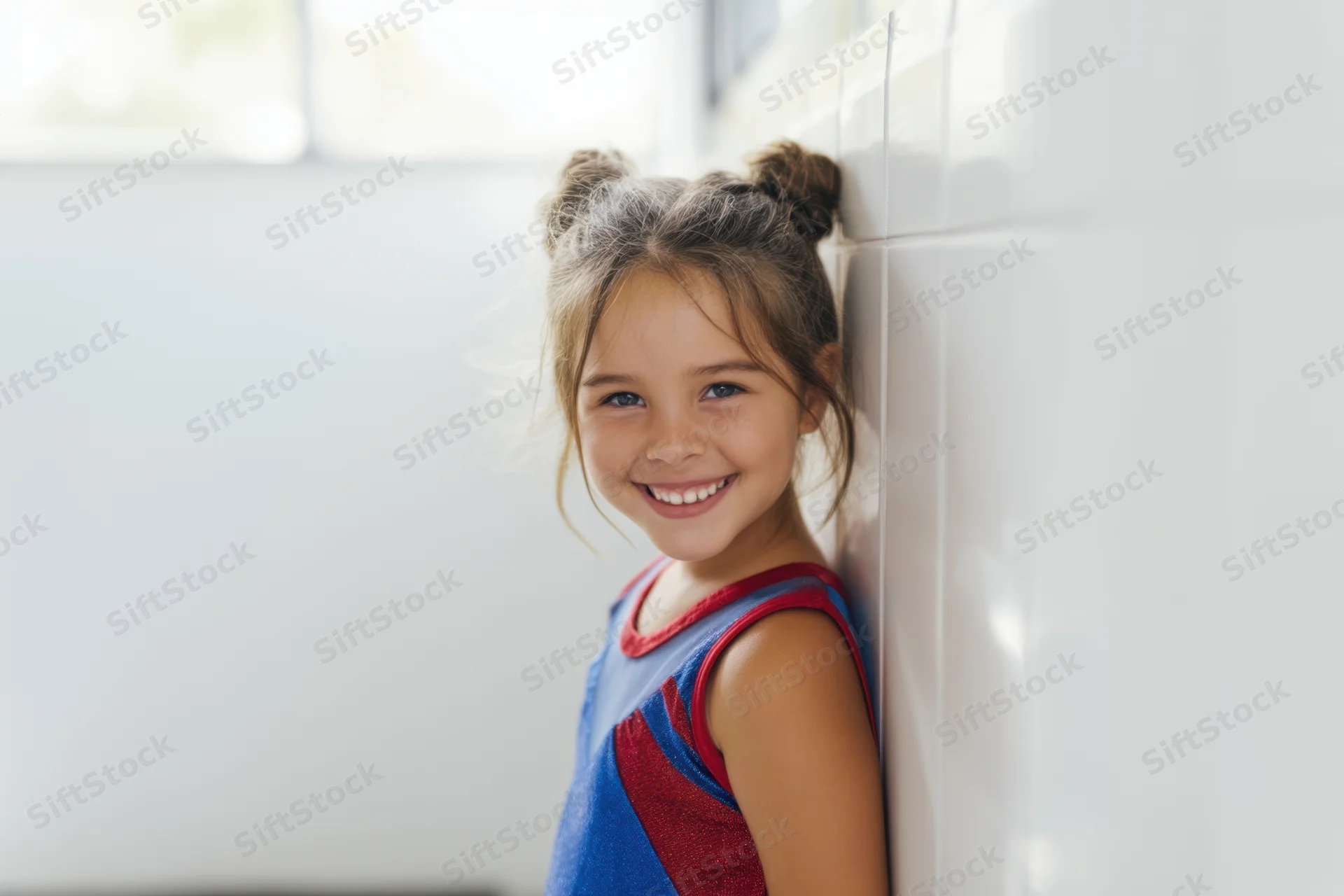 Young girl smiling while leaning against a white tiled wall in a blue and red gymnastics leotard