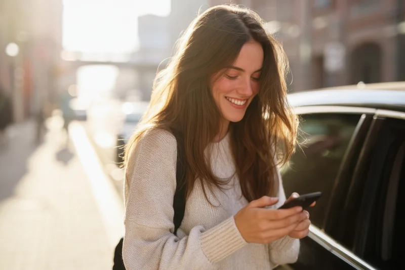 Young woman smiling while using smartphone on city sidewalk