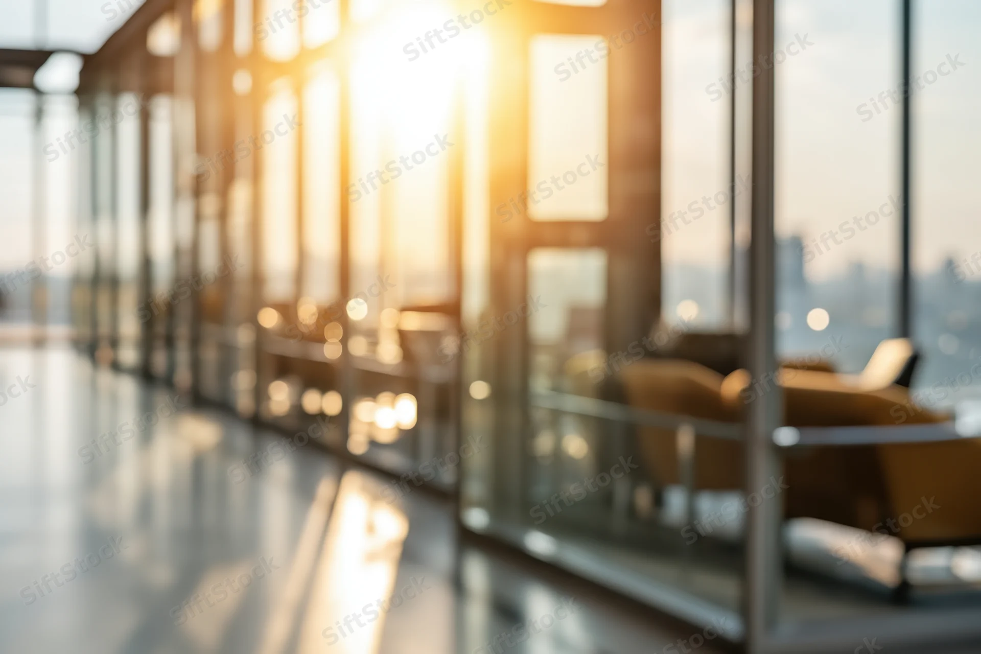 Sunlit modern office corridor with floor-to-ceiling glass walls and blurred seating areas