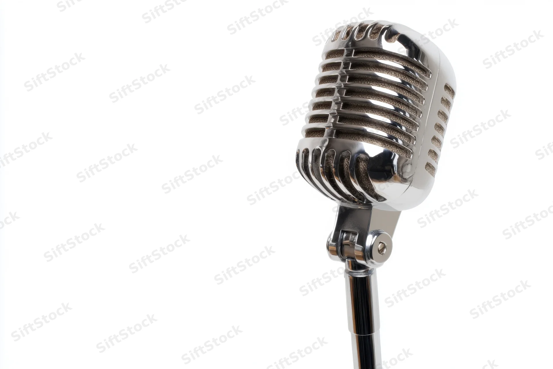 Vintage chrome microphone on slim stand against white background