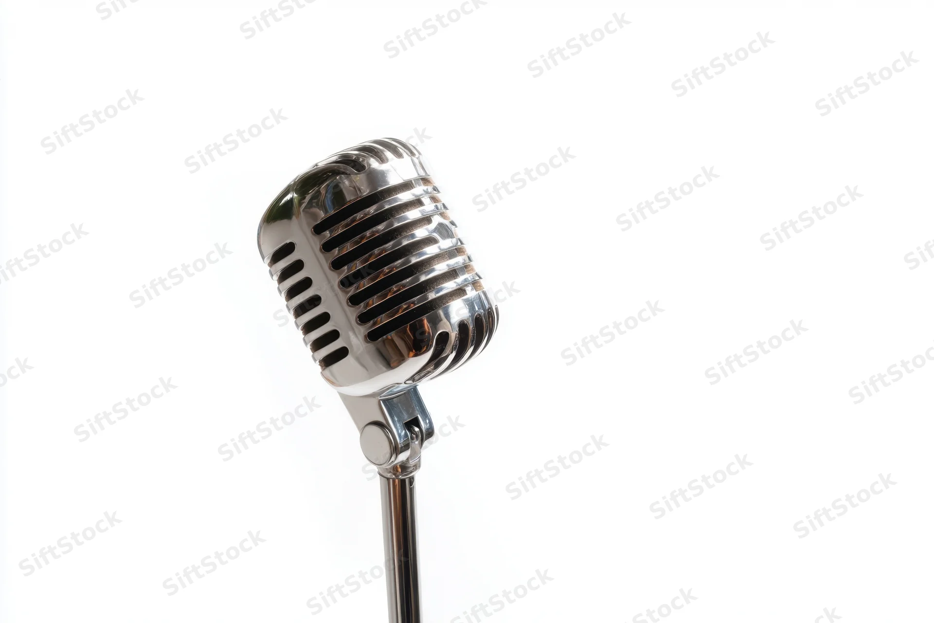 Vintage chrome microphone on slim stand against white background