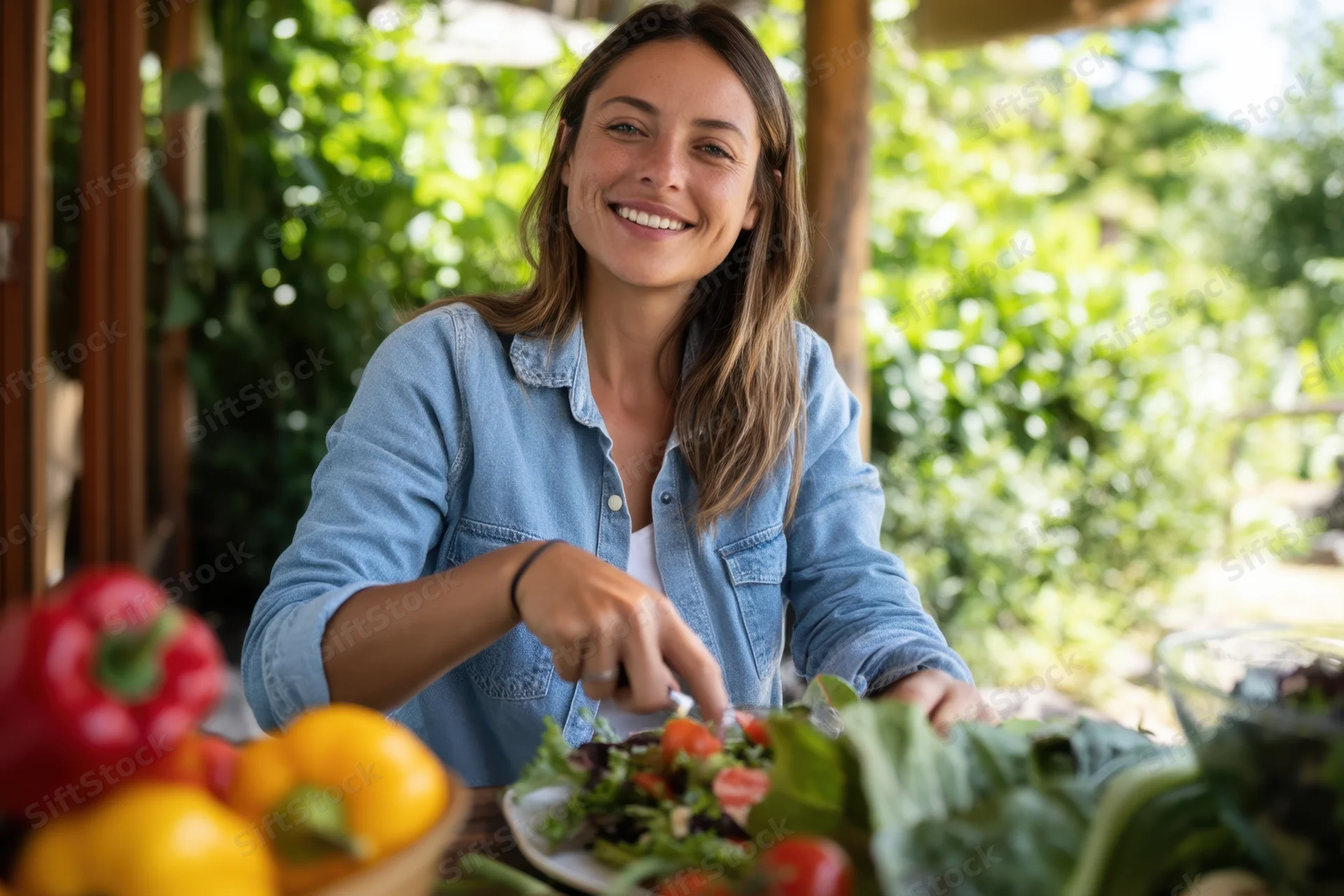 Woman smiling while preparing a salad outdoors at a wooden table surrounded by fresh vegetables