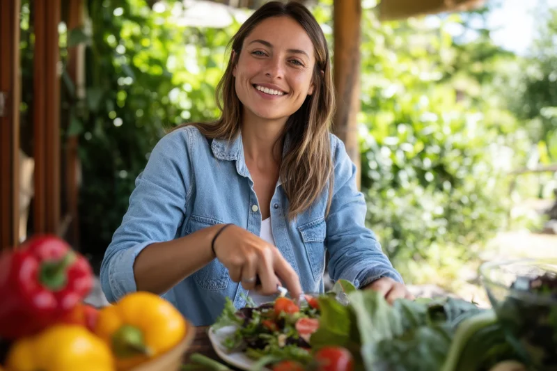 Woman smiling while preparing a salad outdoors at a wooden table surrounded by fresh vegetables