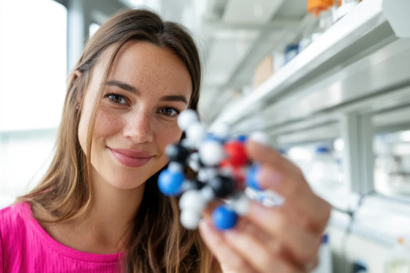 Woman holding a molecular model in a laboratory