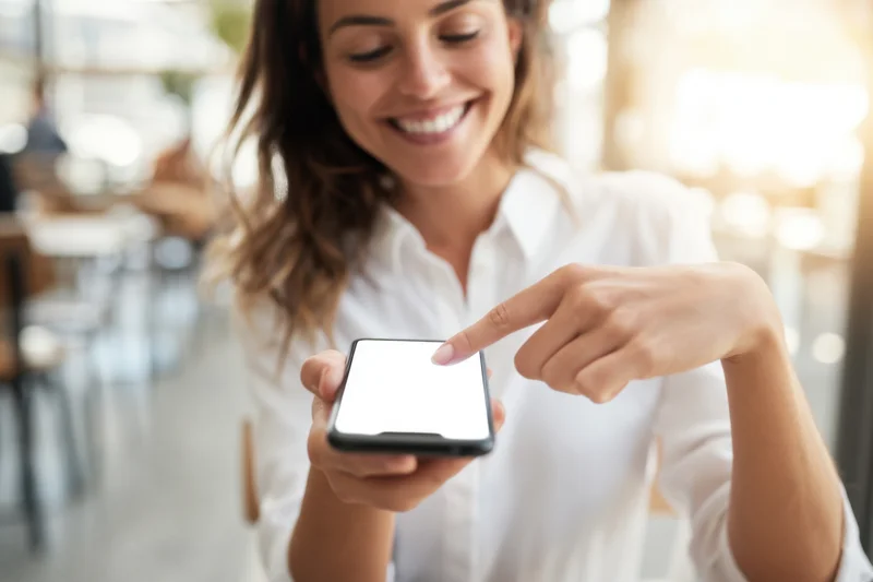 Woman smiling while pointing at smartphone screen in bright cafe