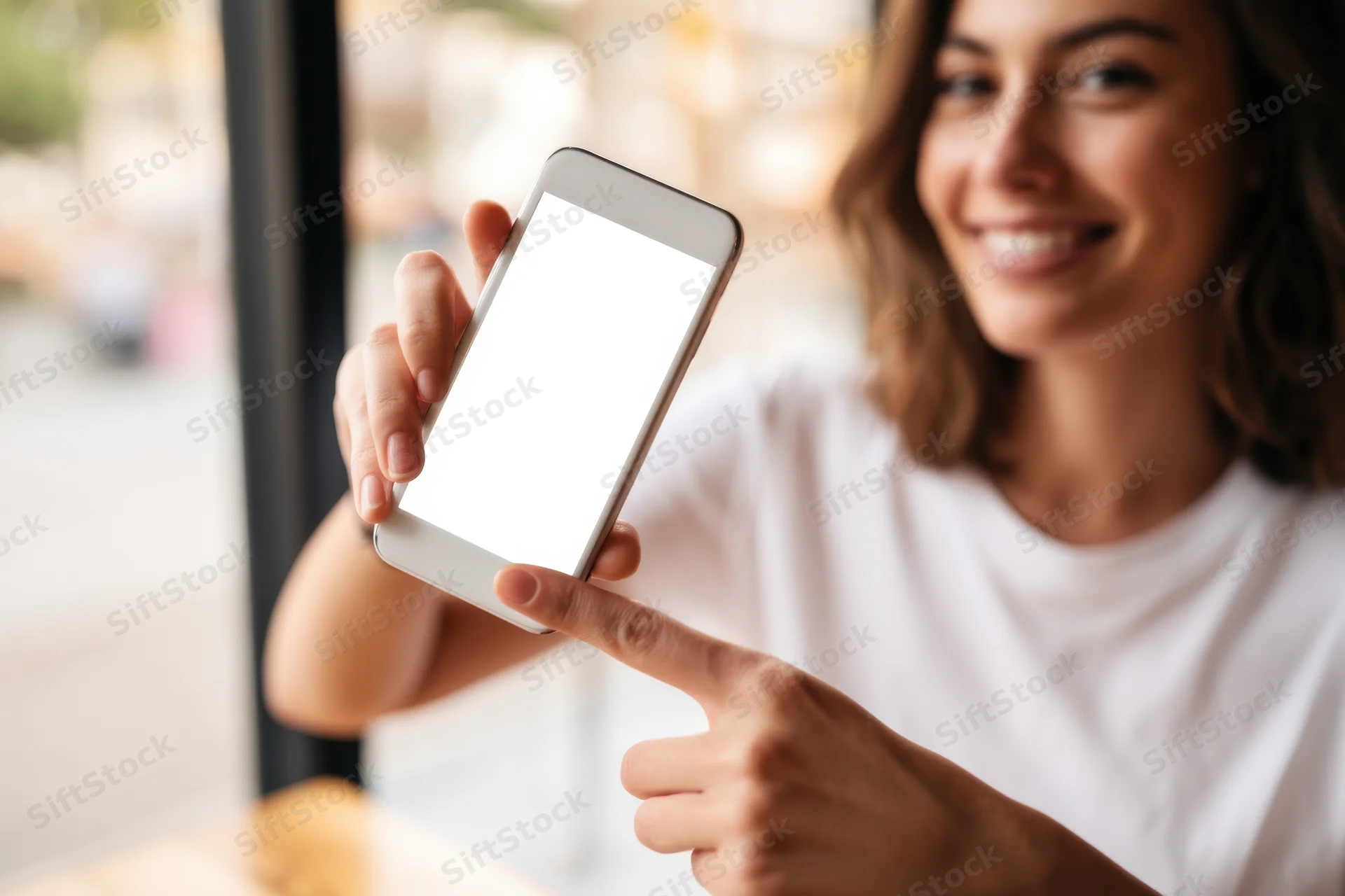 Woman pointing at blank smartphone screen in a bright cafe