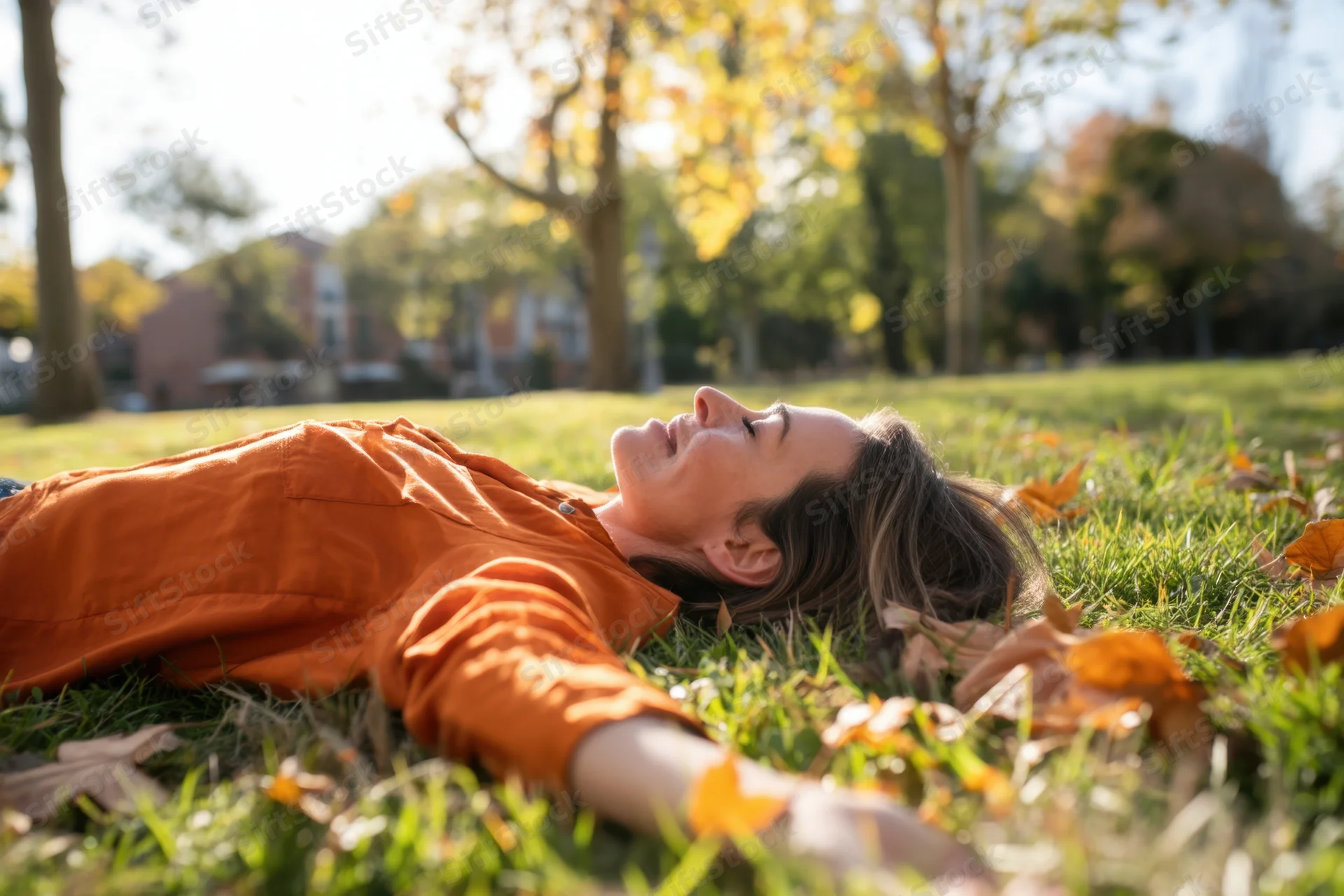 Woman lying on sunlit grass in a park surrounded by autumn leaves