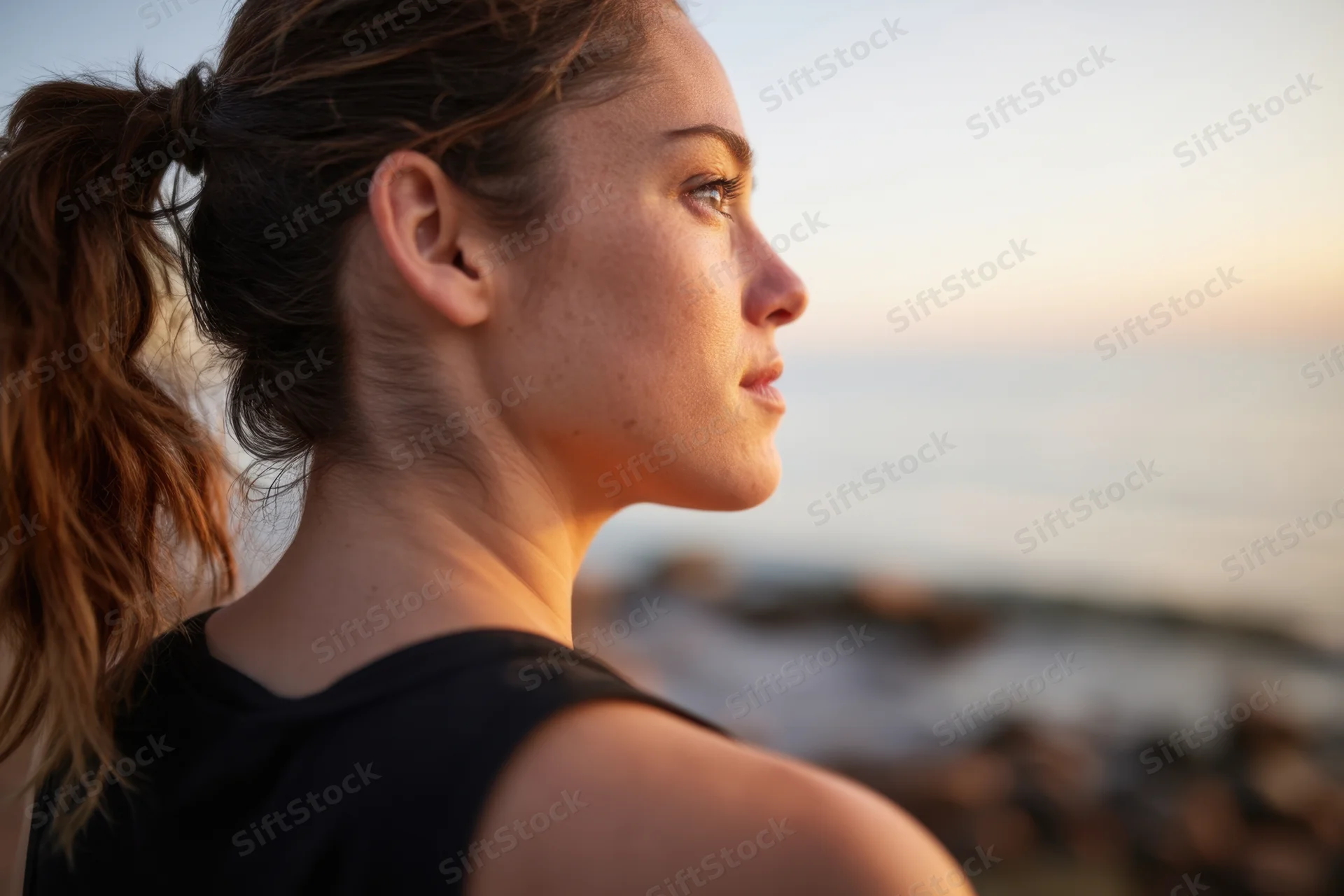 Woman in profile with ponytail and black tank top facing ocean at sunset