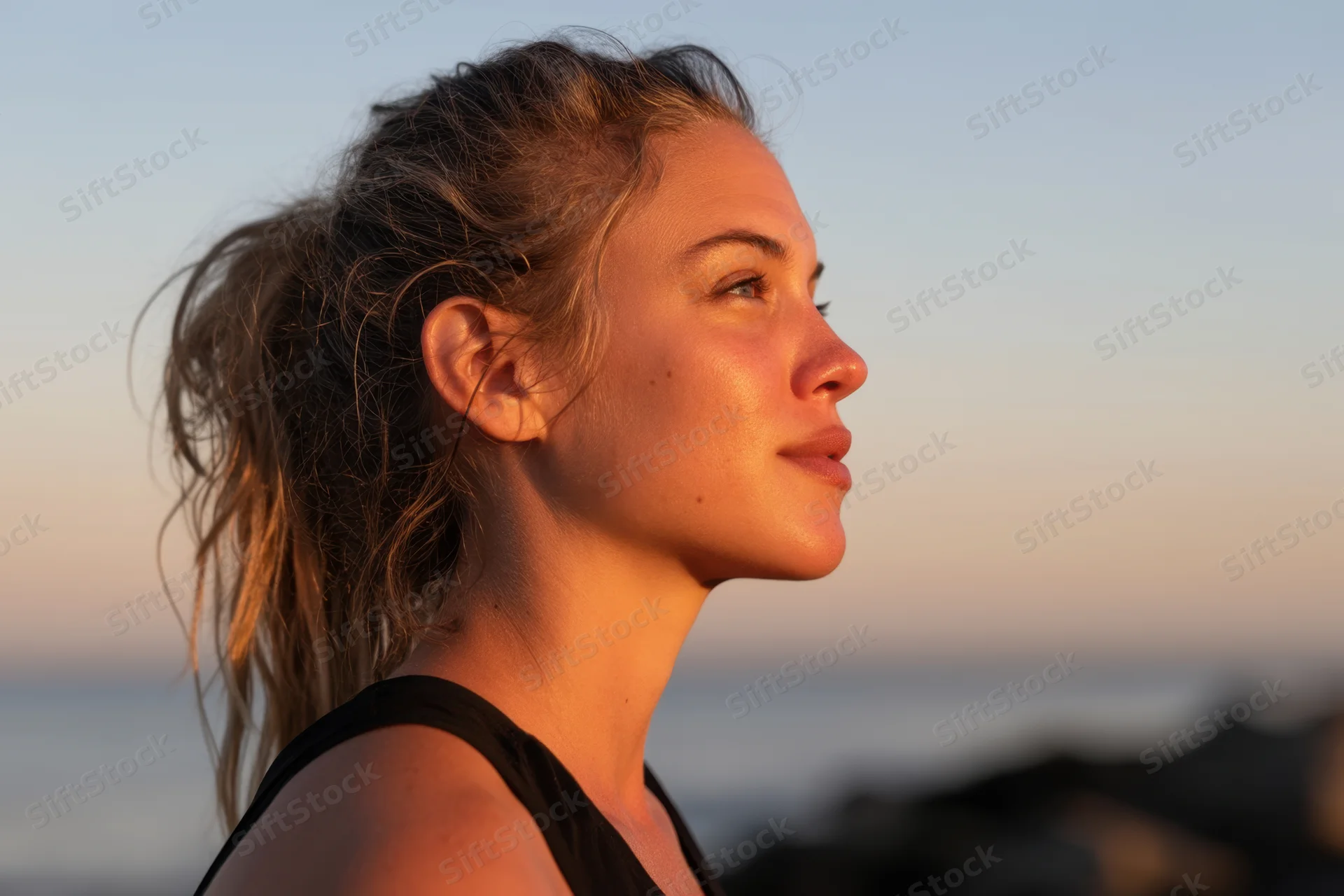 Woman in profile with ponytail and black tank top at sunset by the ocean