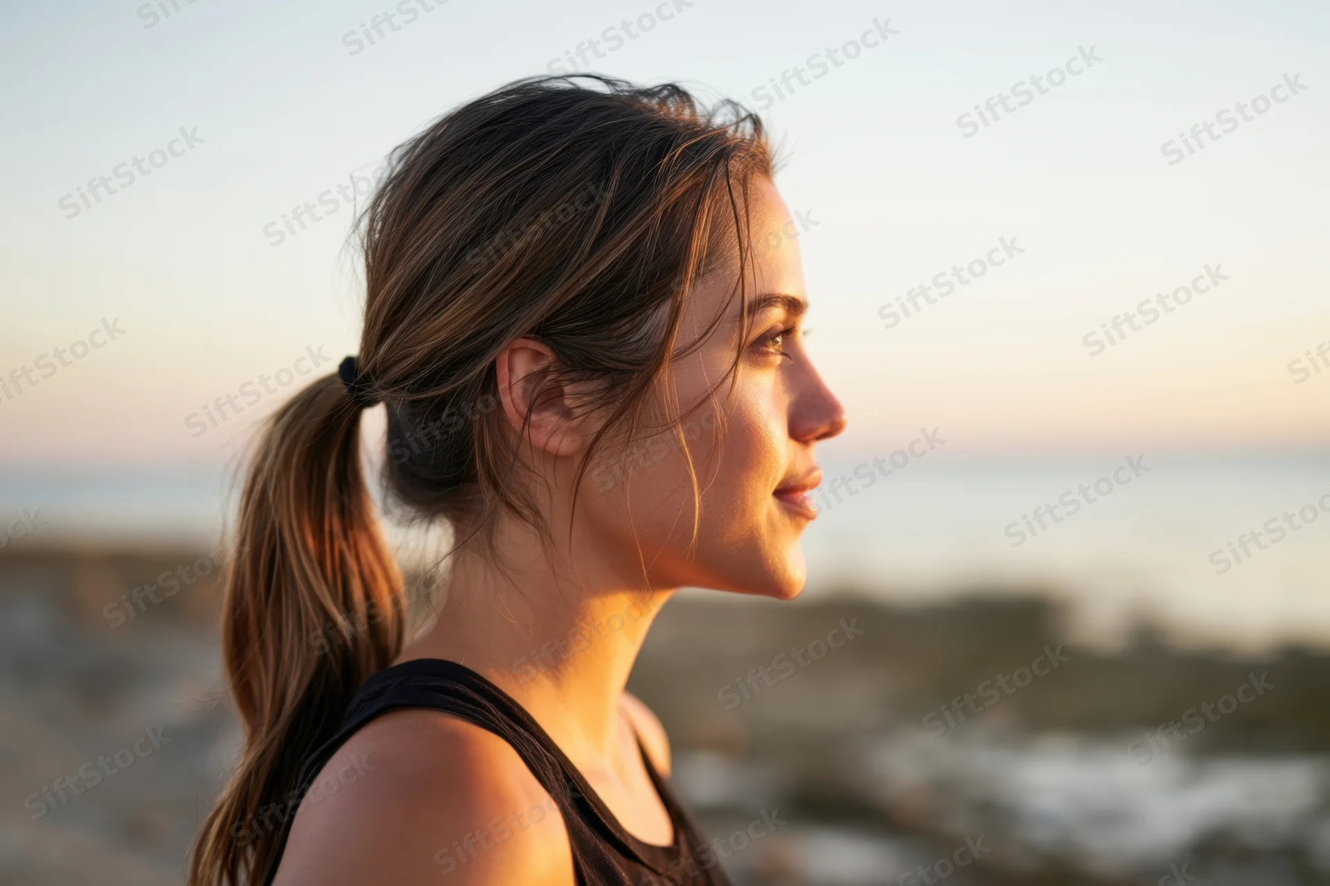 Woman in profile with ponytail and black tank top on beach at sunset