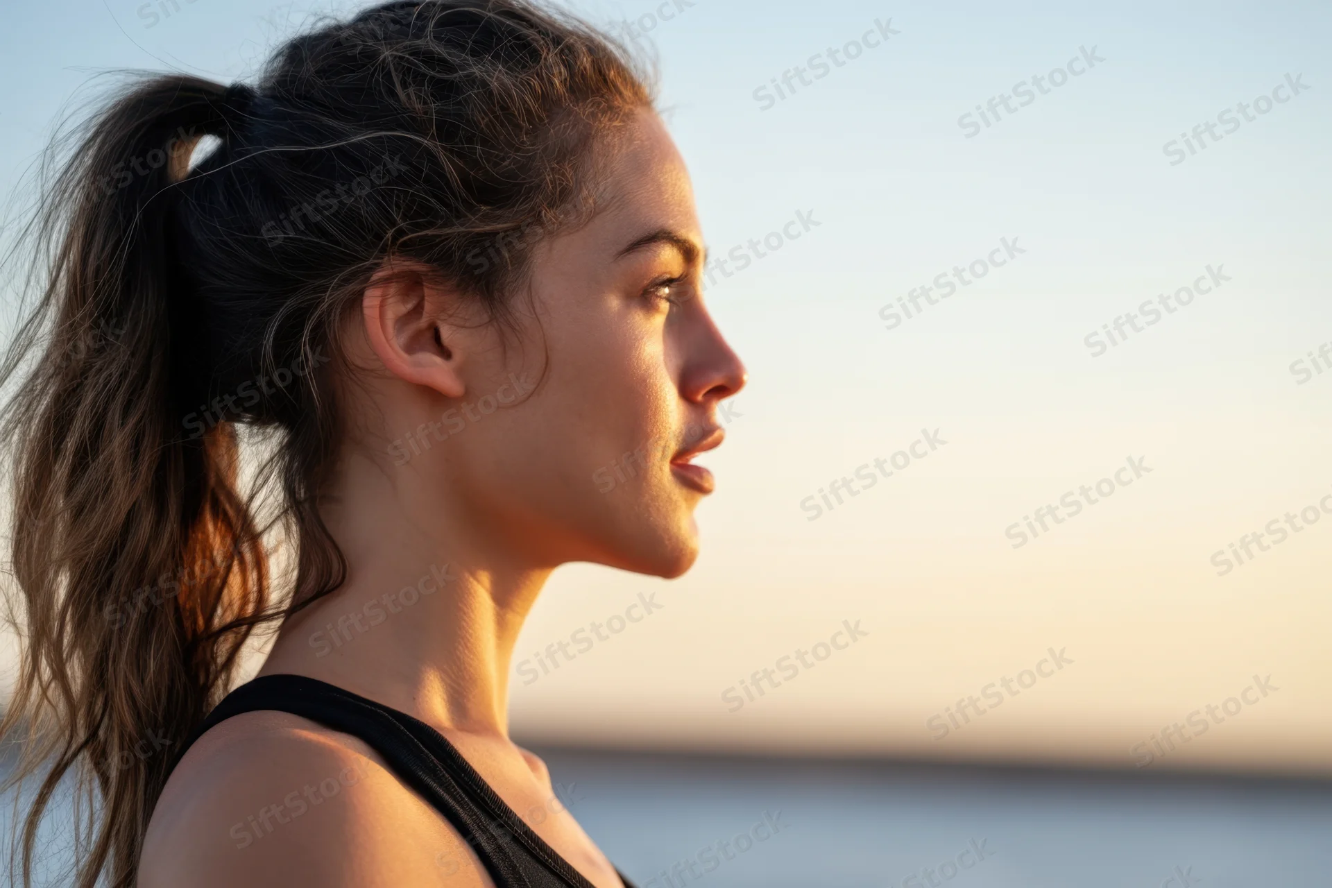 Woman in profile with ponytail and black tank top at sunset by the ocean