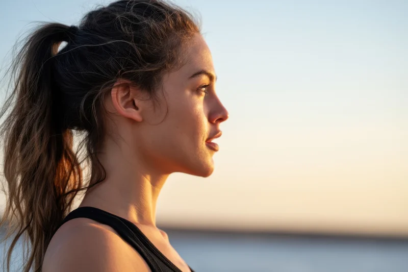 Woman in profile with ponytail and black tank top at sunset by the ocean