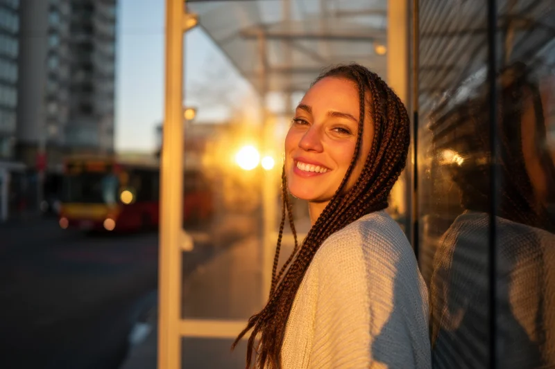 Woman with braided hair smiling at camera while standing by glass window in city street at sunset