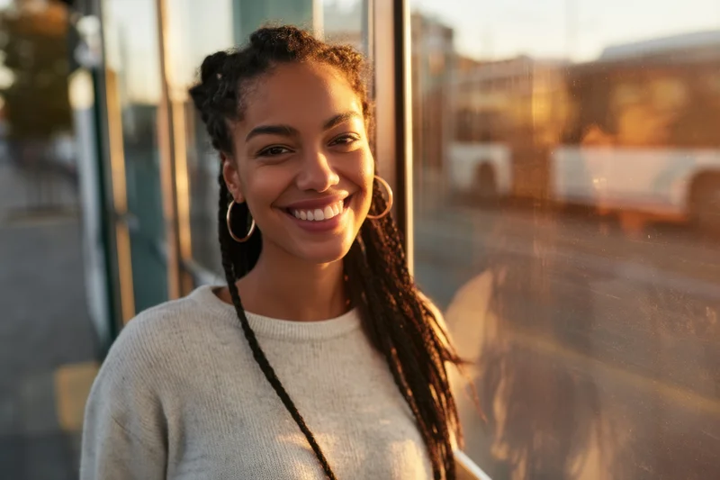 Smiling woman with braided hair in a light sweater standing by a glass window outdoors