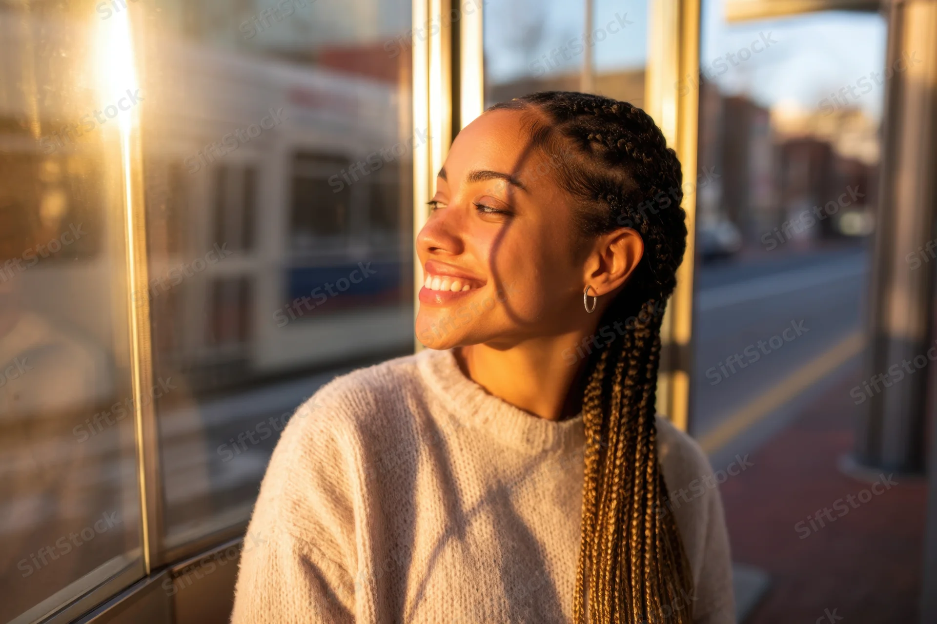 Young woman with braided hair smiling while waiting at a train station in golden hour light