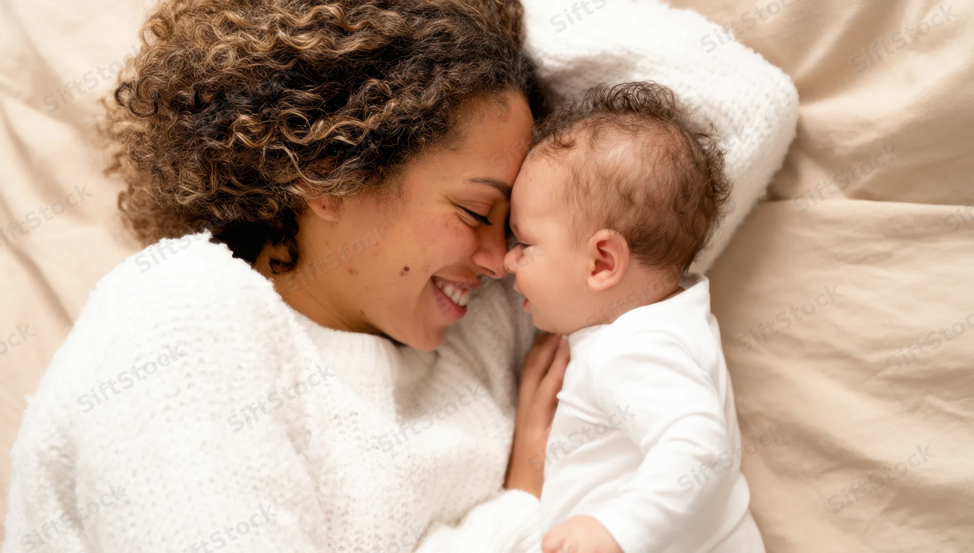 Woman smiling and touching noses with baby while lying on bed