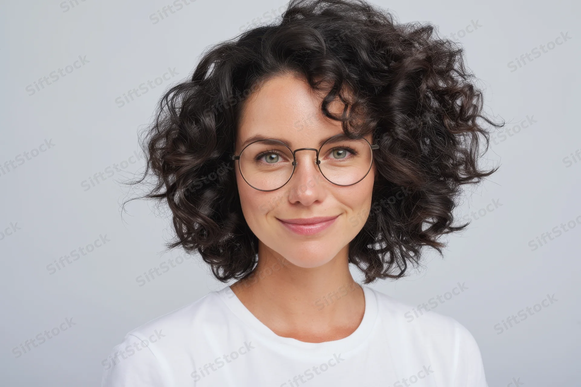 Woman with dark curly hair and round glasses smiling in a white t-shirt against a plain background