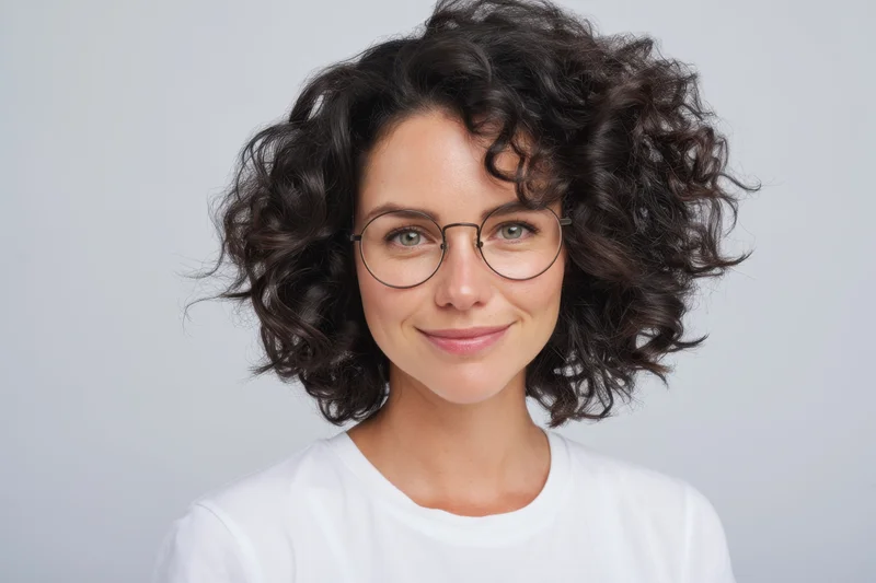 Woman with dark curly hair and round glasses smiling in a white t-shirt against a plain background