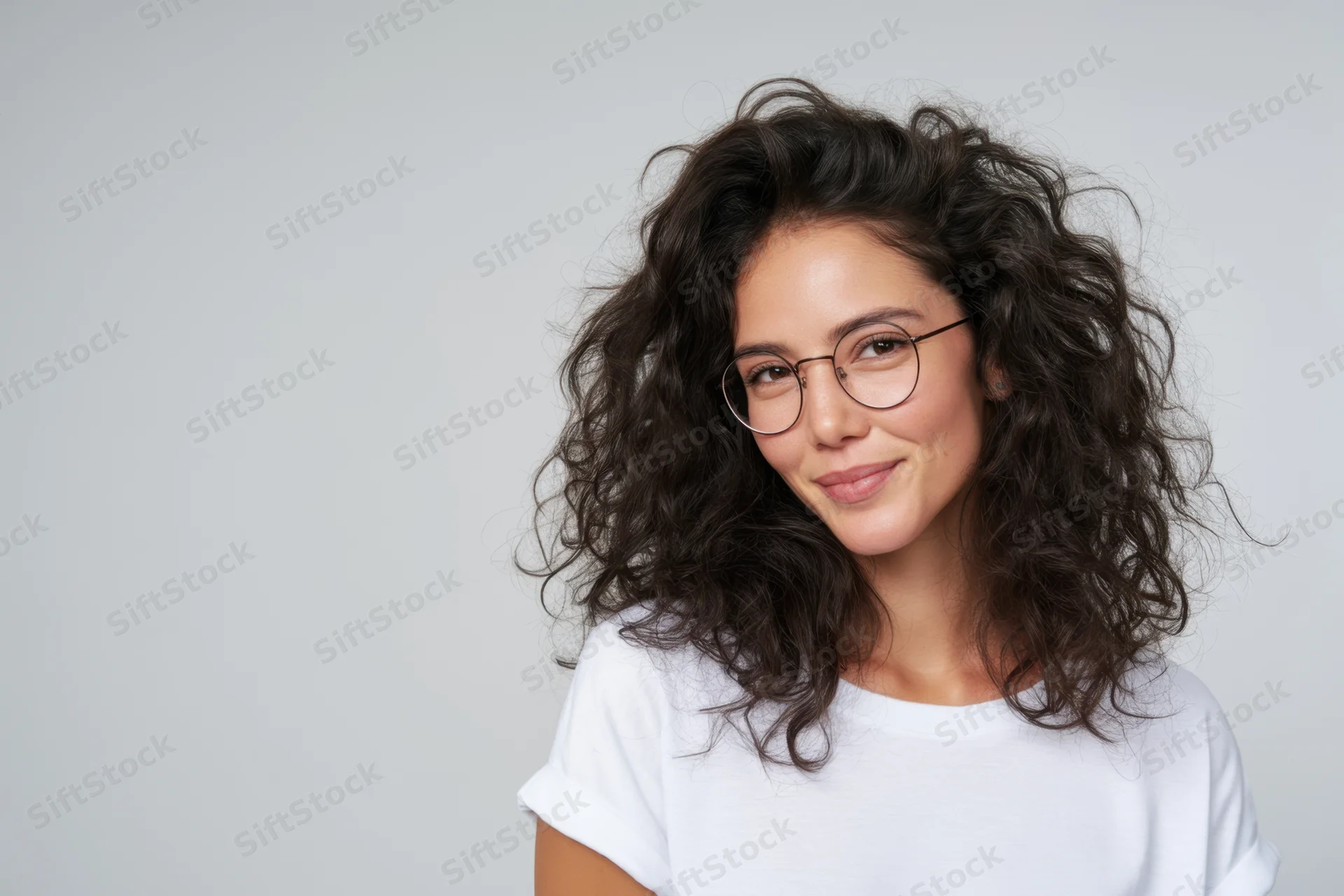 Woman with dark curly hair and round glasses smiling in a white t-shirt against a light studio background
