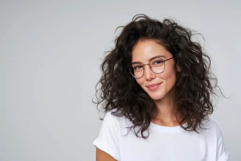 Woman with dark curly hair and round glasses smiling in a white t-shirt against a light studio background