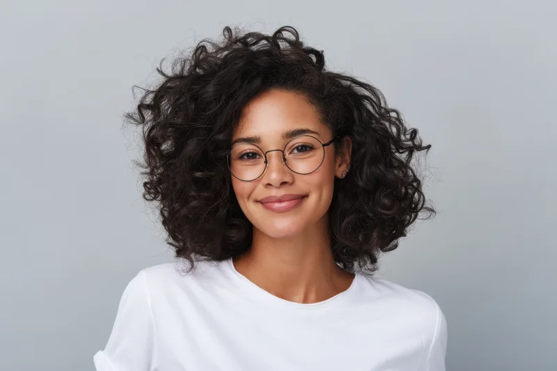 Smiling woman with dark curly hair and round glasses wearing a white t-shirt in studio portrait