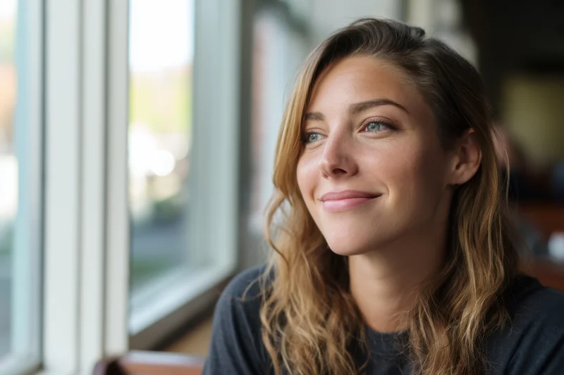 Woman smiling while seated by a window indoors