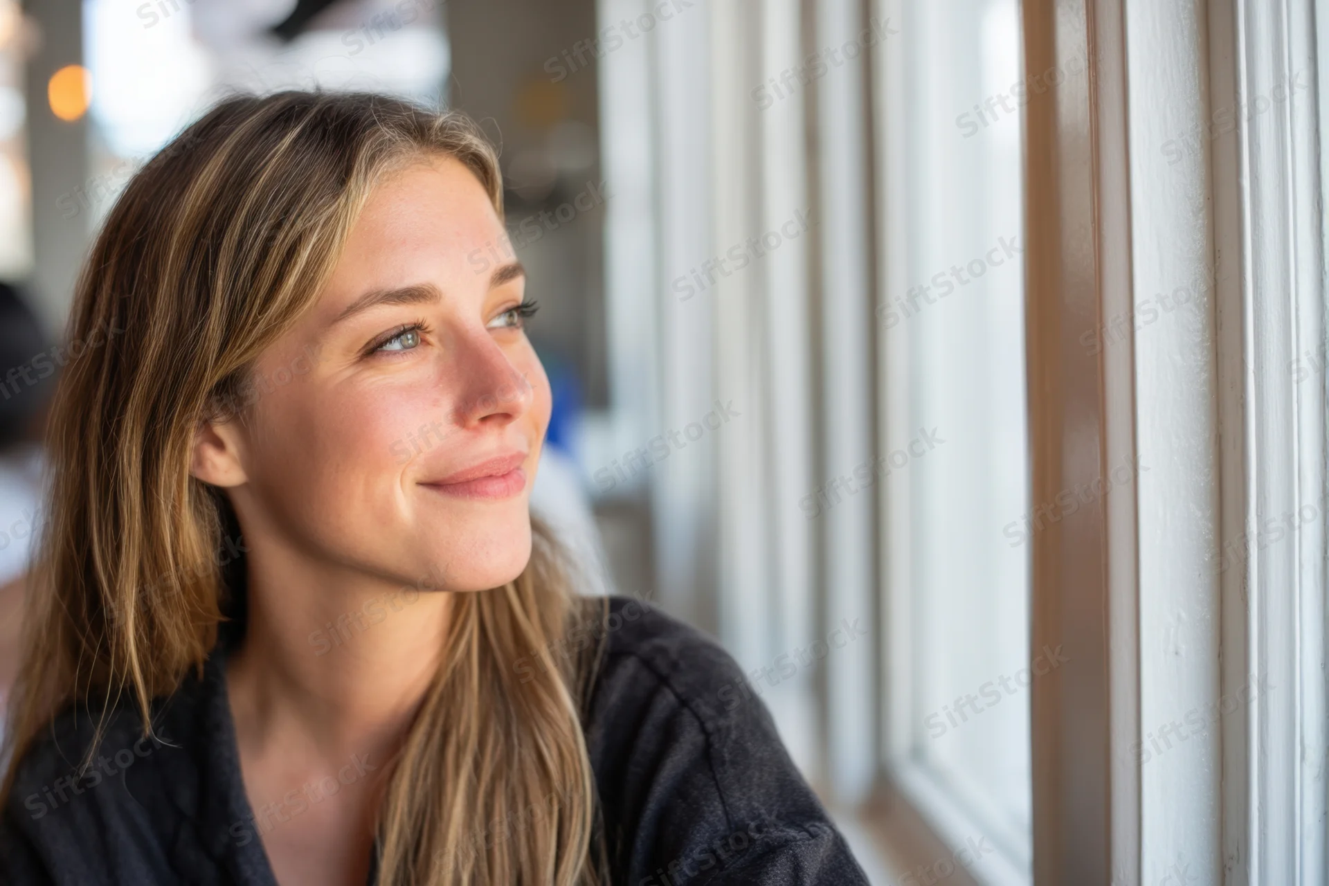 Woman smiling in profile seated by a window indoors