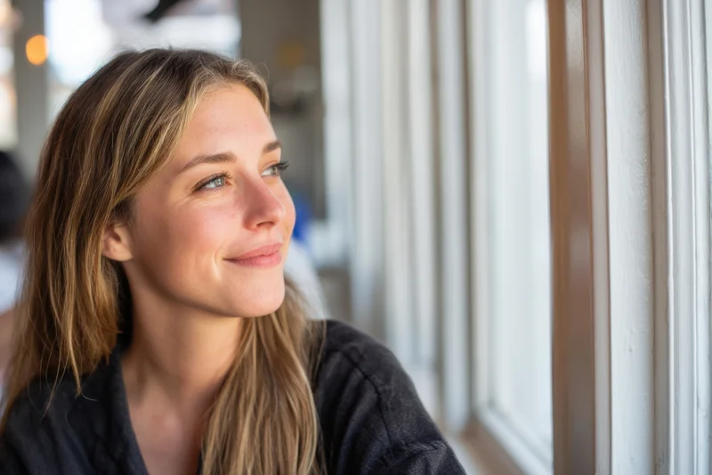 Woman smiling in profile seated by a window indoors