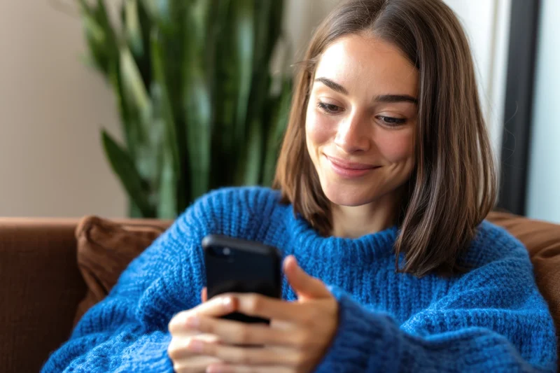 Woman smiling while using smartphone on couch at home