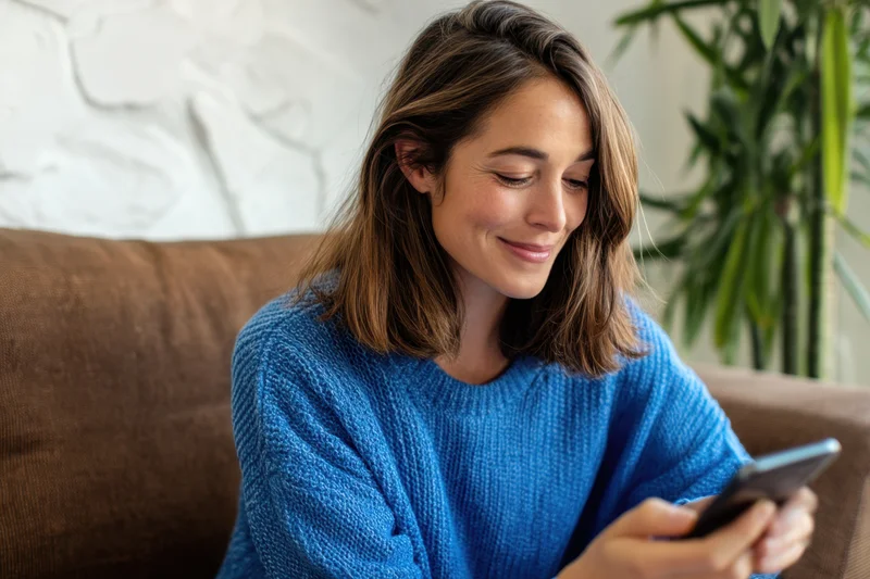 Woman smiling while using smartphone on sofa at home
