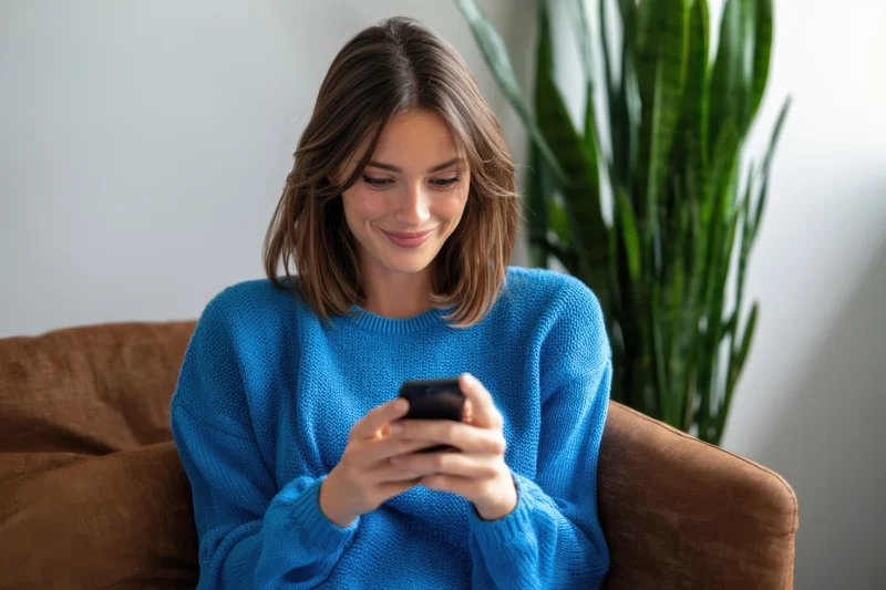 Woman smiling while using smartphone on sofa at home