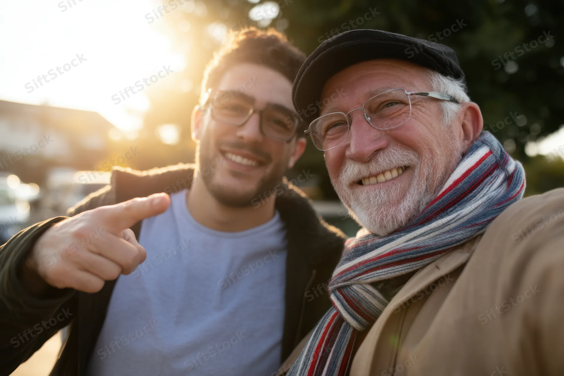 Young man and senior man smiling while taking a selfie outdoors in golden hour light