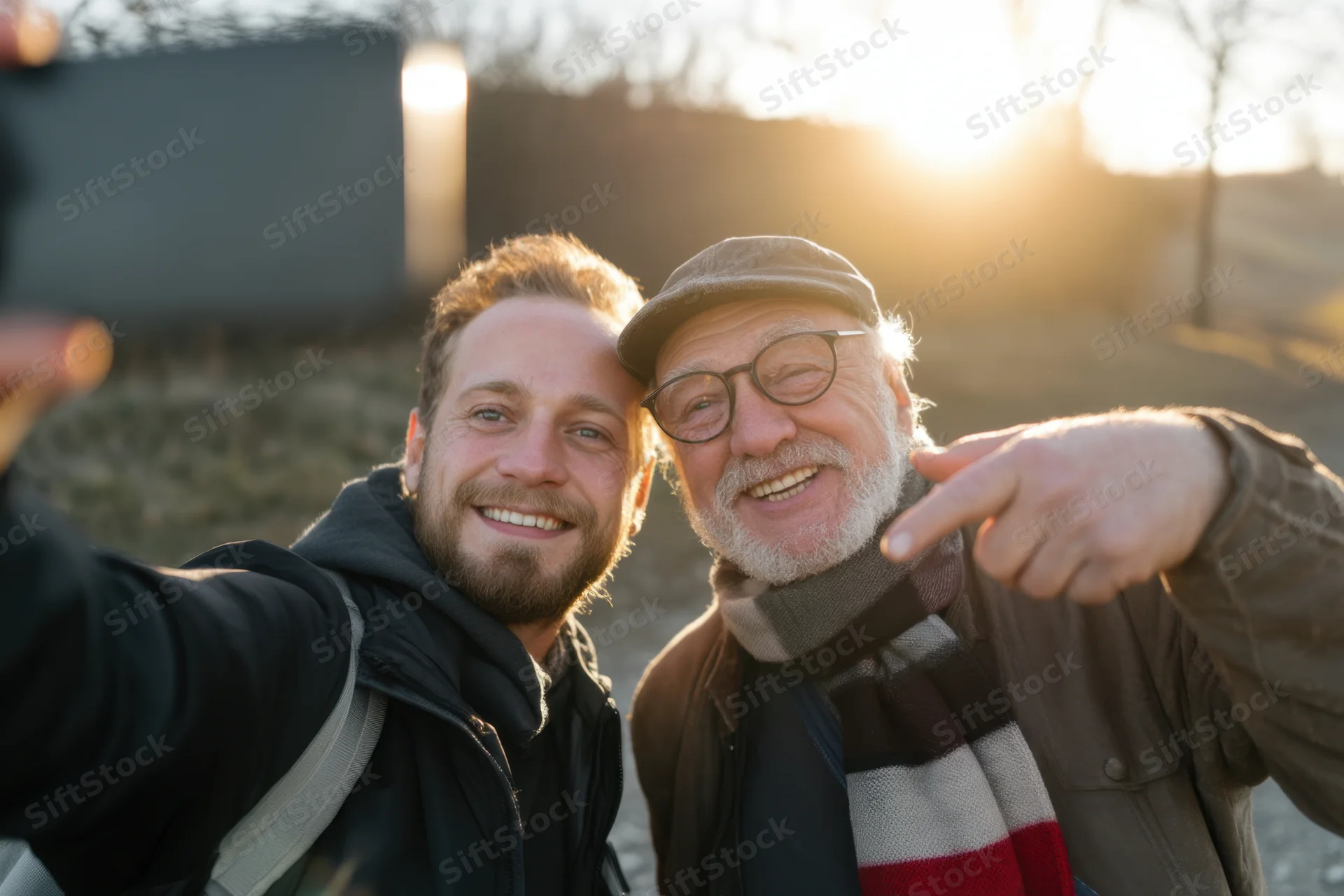 Young man and senior man smiling while taking a selfie outdoors at sunset
