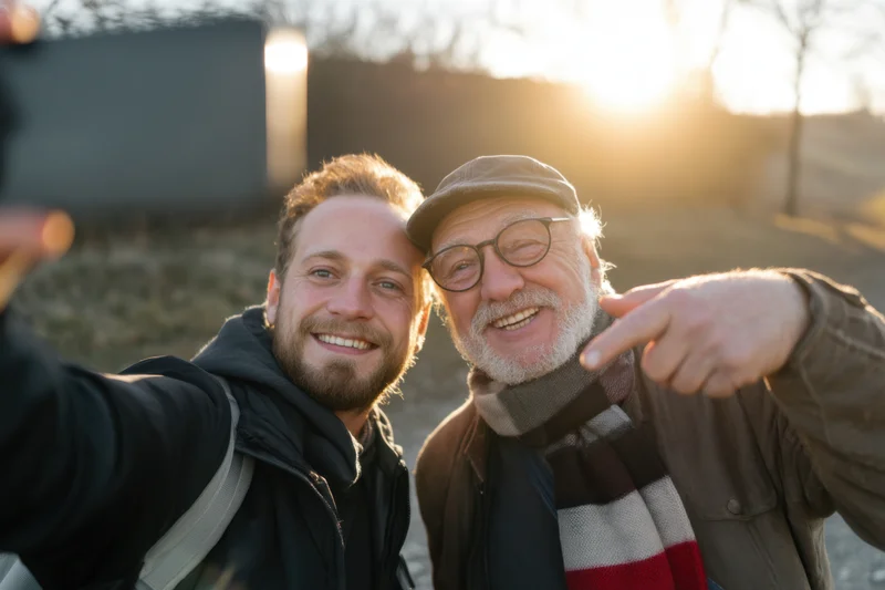 Young man and senior man smiling while taking a selfie outdoors at sunset