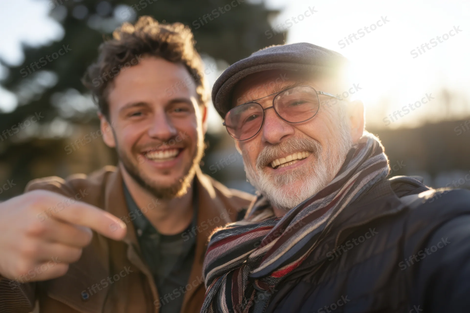 Senior man and young man smiling while taking a selfie outdoors in a sunlit park