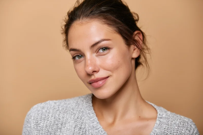 Young woman smiling softly in a closeup portrait with hair pulled back in a loose updo, wearing a gray knit sweater against a neutral beige background