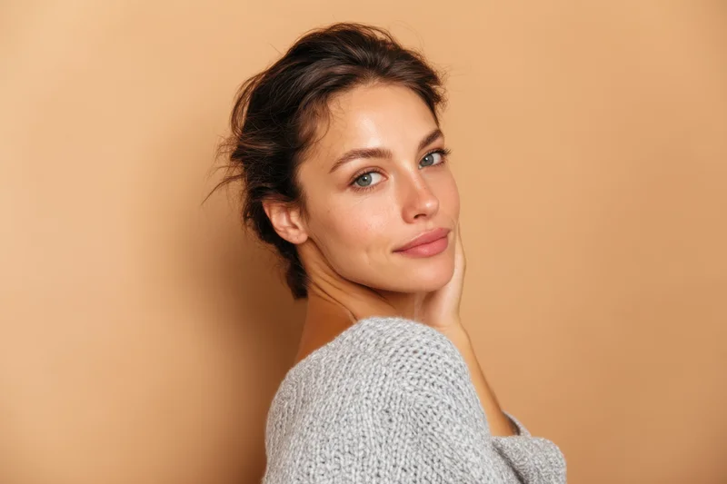 Young woman with brunette hair in loose updo posing in studio, hand on neck, wearing gray knit sweater