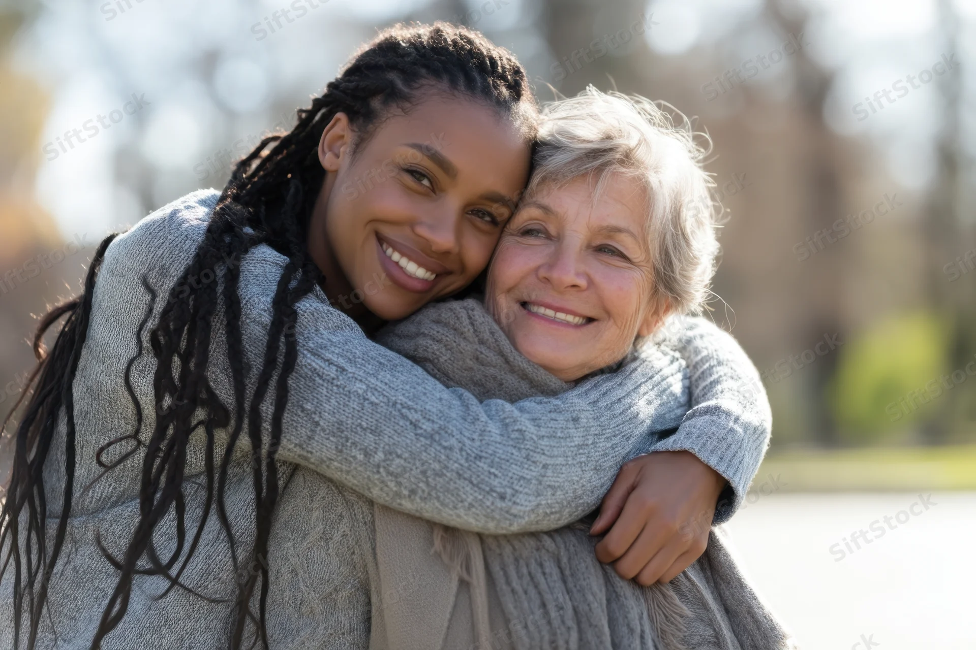 Young woman embracing elderly woman outdoors in a warm hug