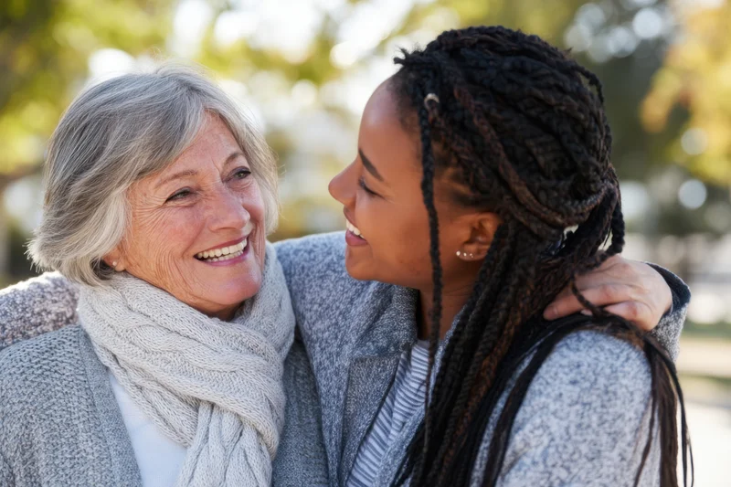 Young woman with braided hair embracing an elderly woman in a park during autumn