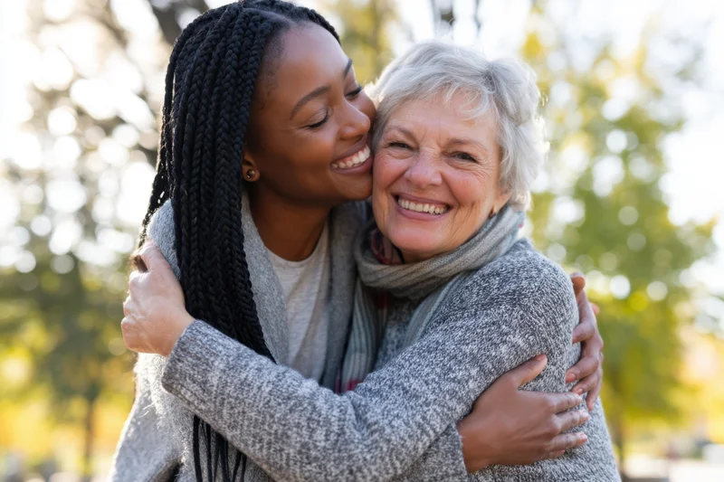 Young black woman hugging elderly caucasian woman in a sunlit park
