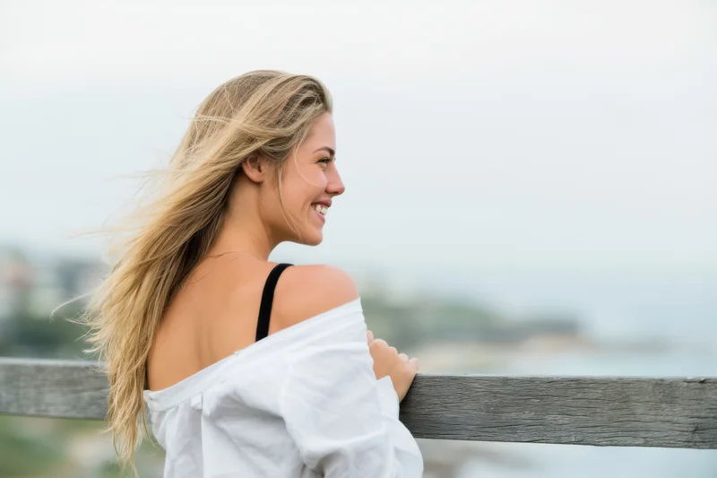 Young woman with long blonde hair smiling while leaning on wooden railing outdoors