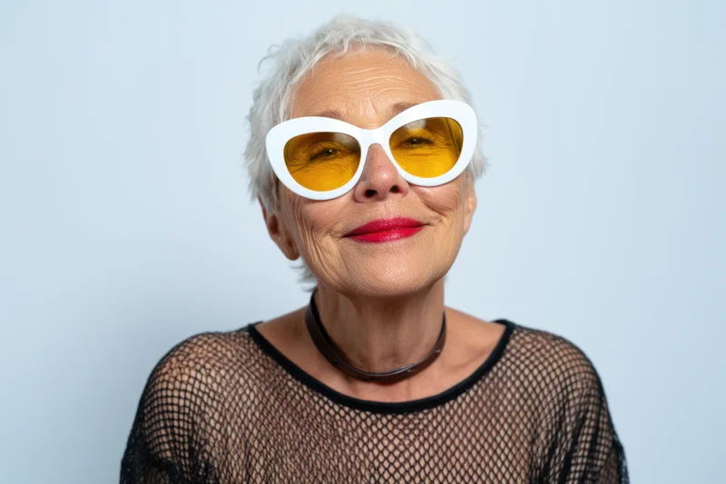 Senior woman with short white hair wearing oversized white cat-eye sunglasses with yellow lenses, smiling confidently in a studio portrait
