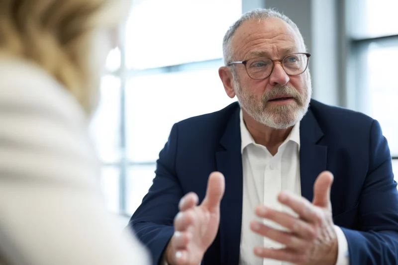 Senior businessman in suit gesturing during office meeting with woman