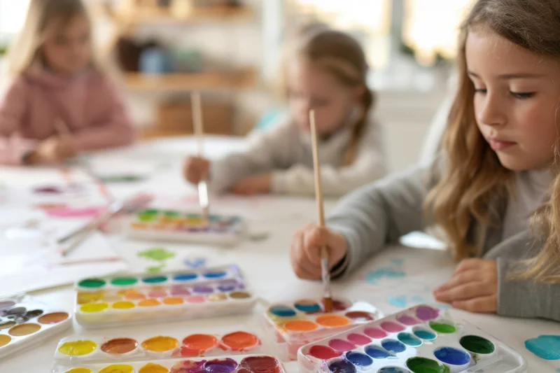 Children painting with watercolors at a craft table in a classroom setting