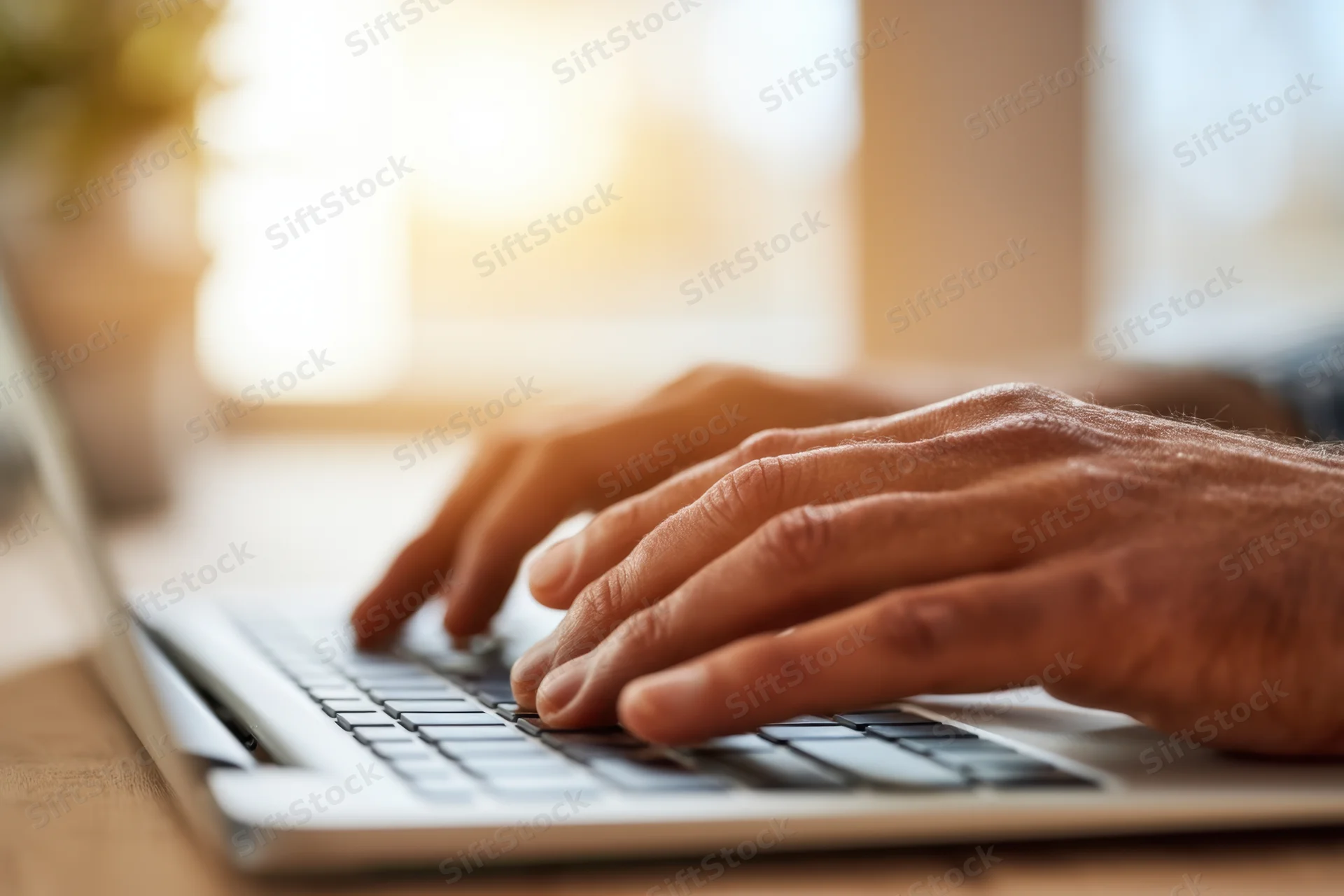 Close-up of male hands typing on a laptop keyboard at a wooden desk in a sunlit room