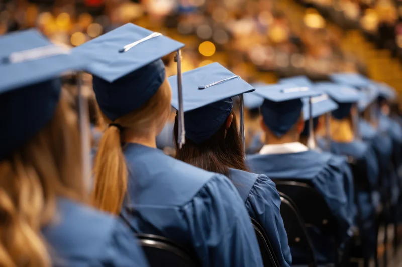 Graduates in blue caps and gowns seated in rows with backs to camera at a commencement ceremony
