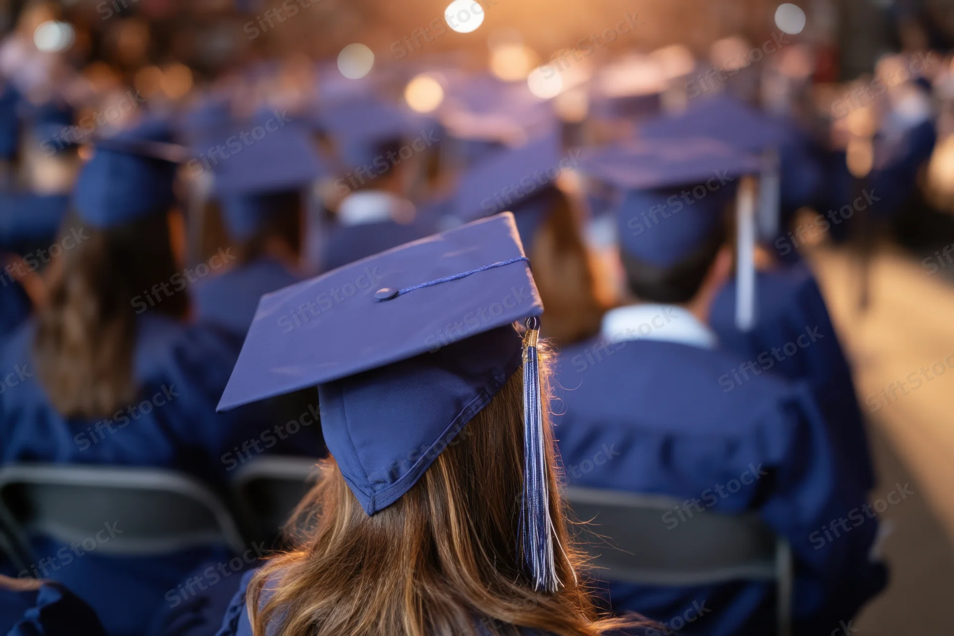 Graduates in blue caps and gowns seated in rows with backs to camera at a graduation ceremony