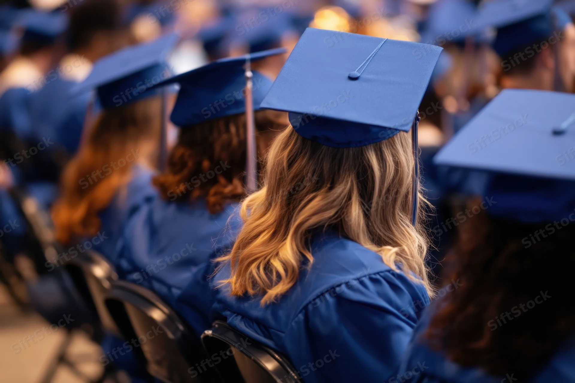 Graduates in blue caps and gowns seated in rows with backs to camera at commencement ceremony