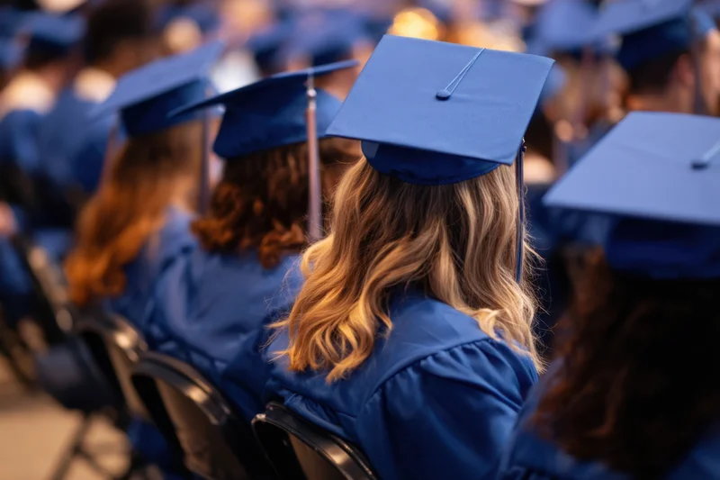 Graduates in blue caps and gowns seated in rows with backs to camera at commencement ceremony